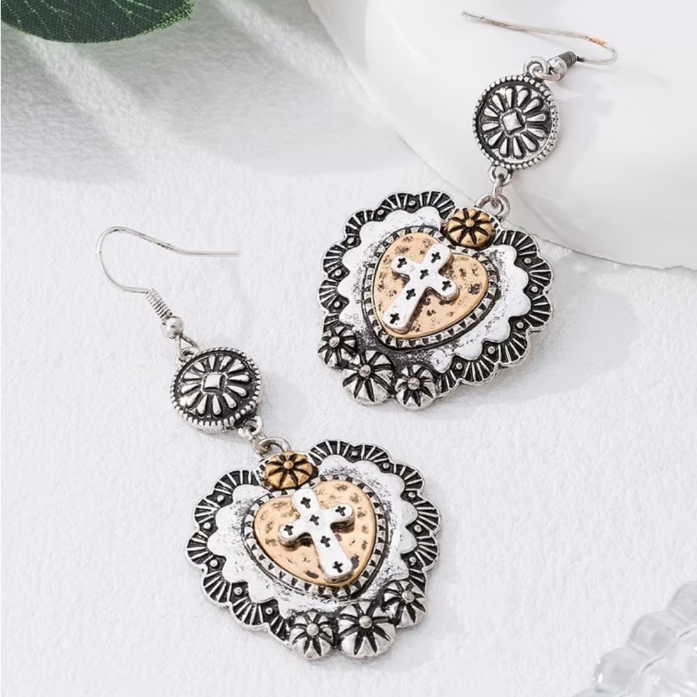 Western Sacred Heart Cross Dangle Earrings | Boho Southwestern Silver Gold Tone